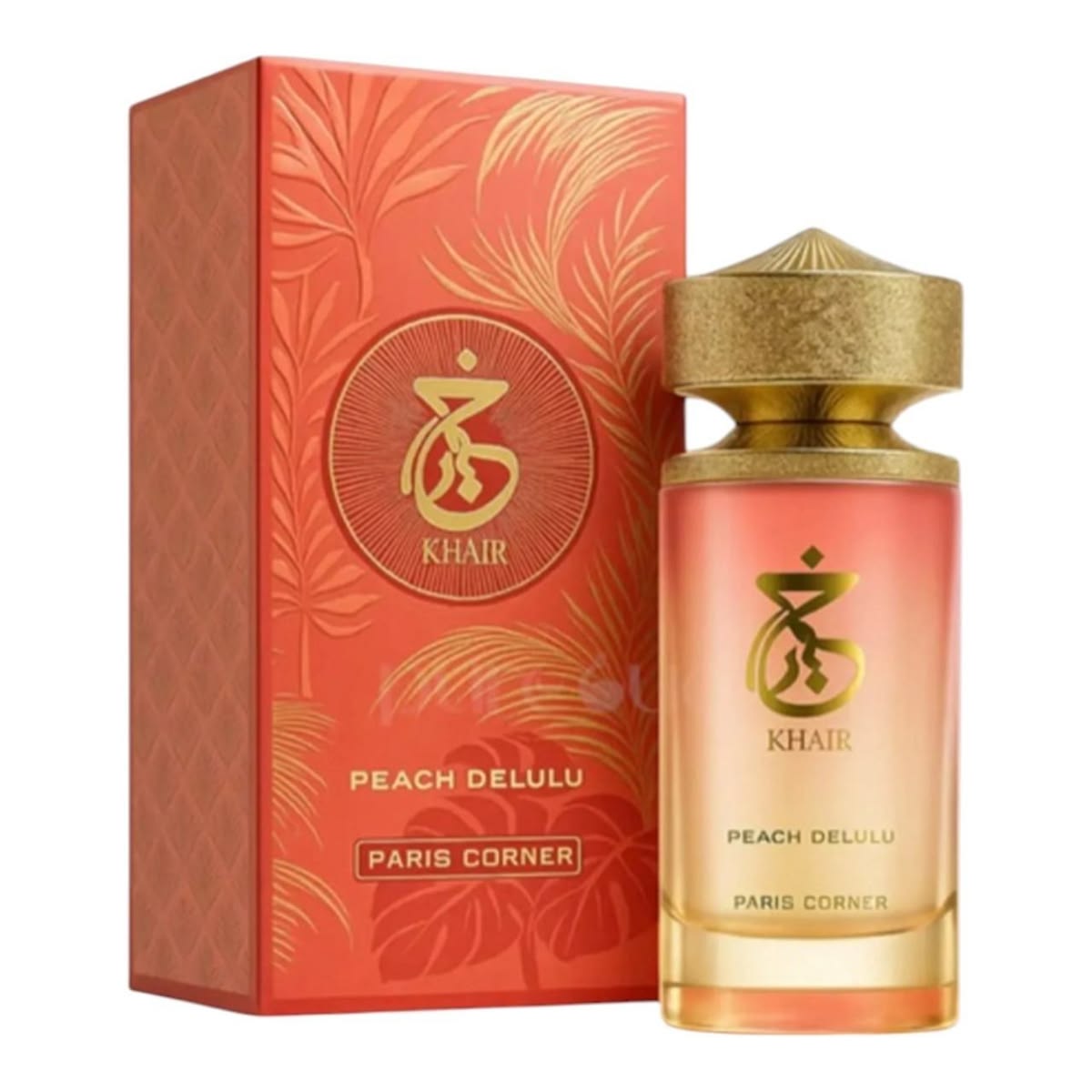 Paris Corner Khair Peach Delulu Eau de Parfum 100ml 3.4 oz peach gradient bottle with gold cap and coral tropical box