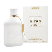 Dumont Nitro White Pour Homme Eau de Parfum 100ml 3.4 oz white perfume bottle with gold accents and cream box