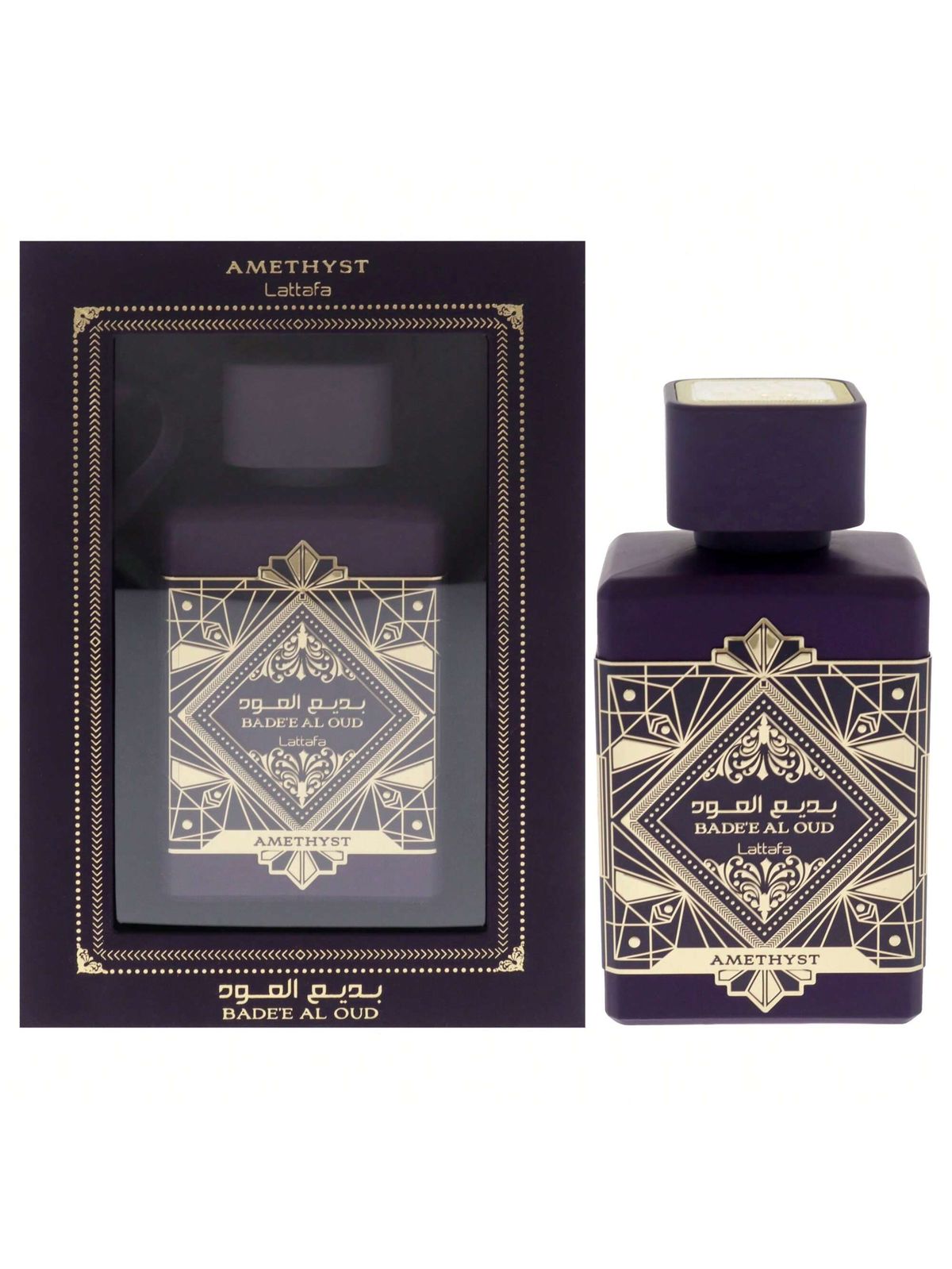 Lattafa Bade'e Al Oud Amethyst Eau de Parfum 100ml 3.4 fl oz purple bottle with gold detail - rose and oud perfume for women
