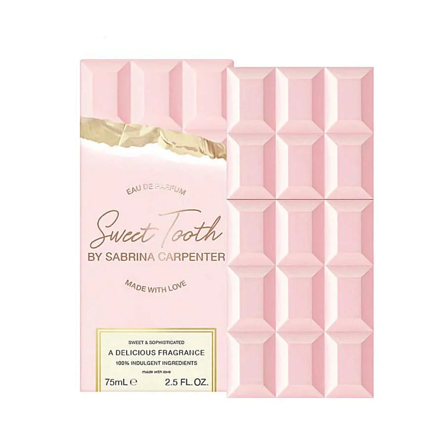 Sabrina Carpenter Sweet Tooth Eau de Parfum 75ml 2.5 oz pink chocolate bar shaped bottle with pink box