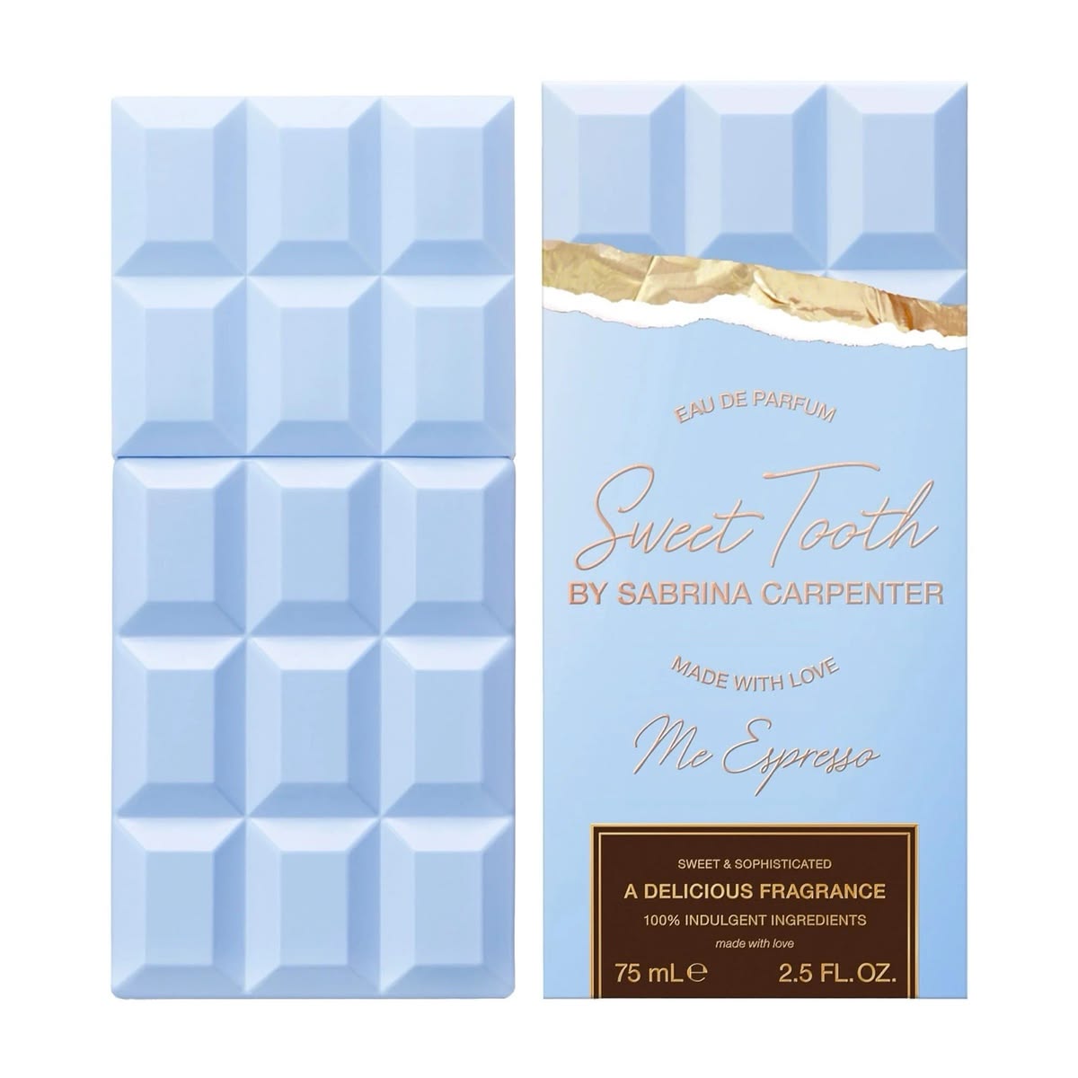 Sabrina Carpenter Sweet Tooth Me Espresso Eau de Parfum 75ml 2.5 oz light blue chocolate bar shaped bottle with box