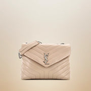 Saint Laurent Loulou medium shoulder bag in beige quilted leather with gold YSL monogram, front view