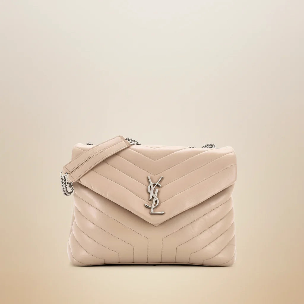 Saint Laurent Loulou medium shoulder bag in beige quilted leather with gold YSL monogram, front view