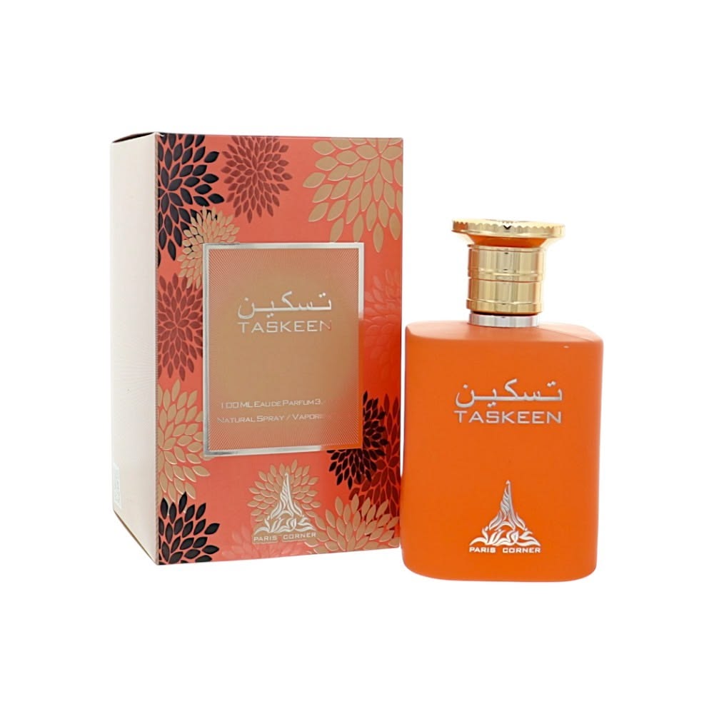 Paris Corner Taskeen Eau de Parfum 100ml 3.4 oz orange perfume bottle with gold cap and floral box