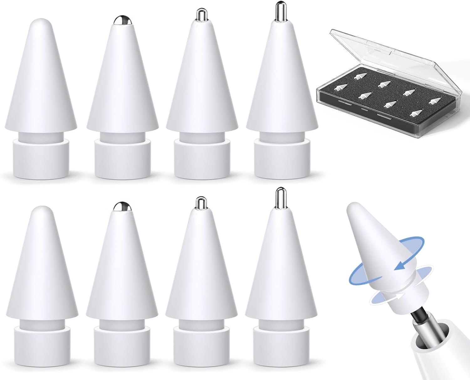 Mixed-Style Digital Stylus Replacement Tips with Case – 8 Pack
