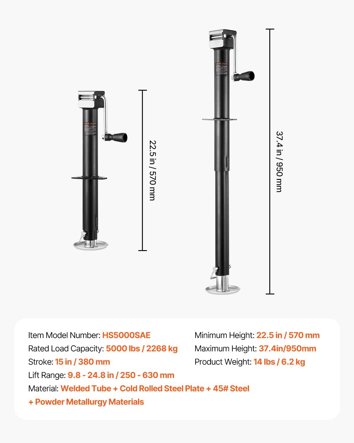 VEVOR 5,000 Lbs A-Frame Trailer Jack – 15" Travel with Drop Leg