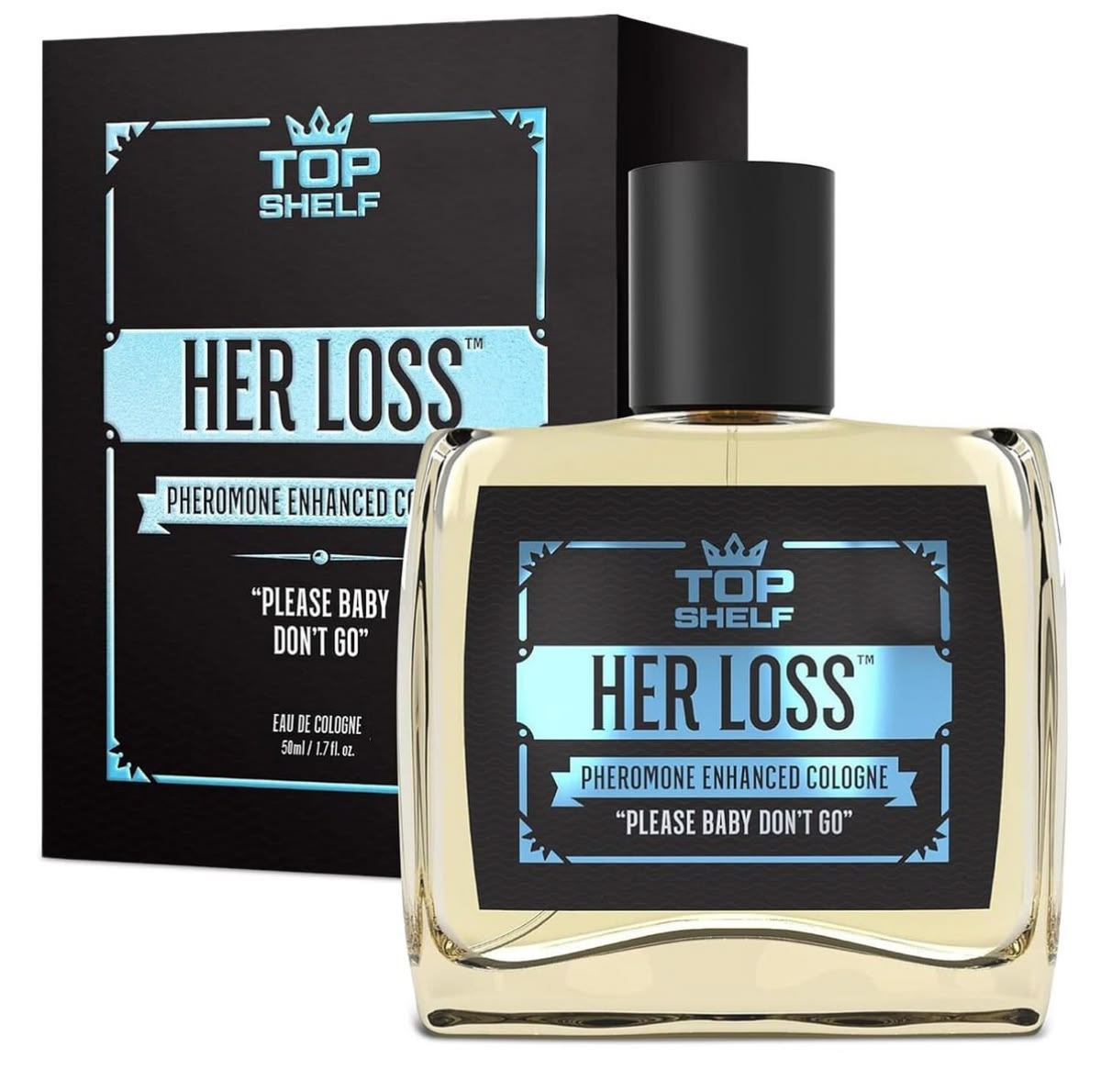 Top Shelf Her Loss Pheromone Enhanced Cologne 50ml 1.7 fl oz bottle with black and blue box - woody spicy fragrance for men