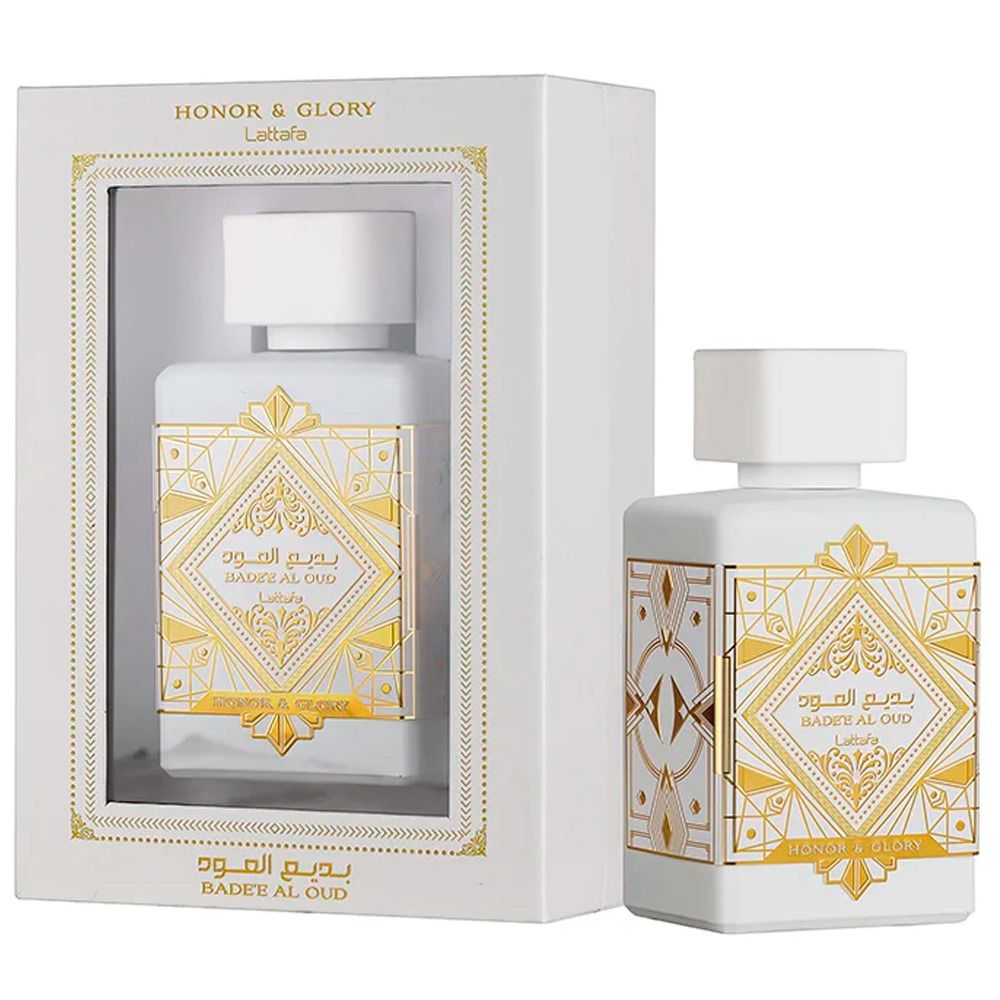 Lattafa Bade'e Al Oud Honor and Glory Eau de Parfum 100ml 3.4 fl oz white bottle with gold detail - unisex pineapple and vanilla perfume