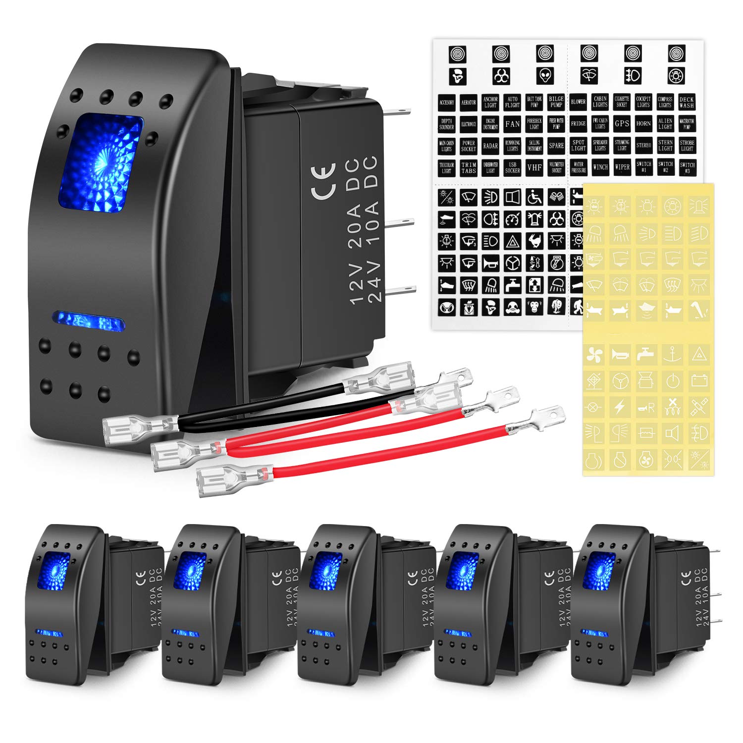 Nilight 5-Pin SPST Rocker Switch Set – Blue, 6-Pack (90131F)