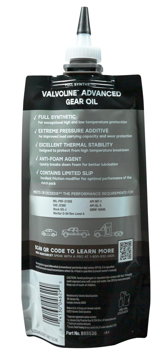 Valvoline FlexFill 75W-90 Full Synthetic Gear Oil – 1 Qt, 4-Pack