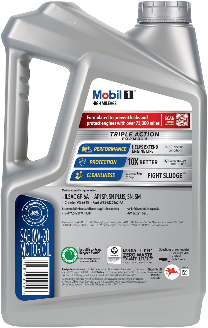 Mobil 1 High Mileage Full Synthetic 0W-20 Motor Oil – 5 Qt