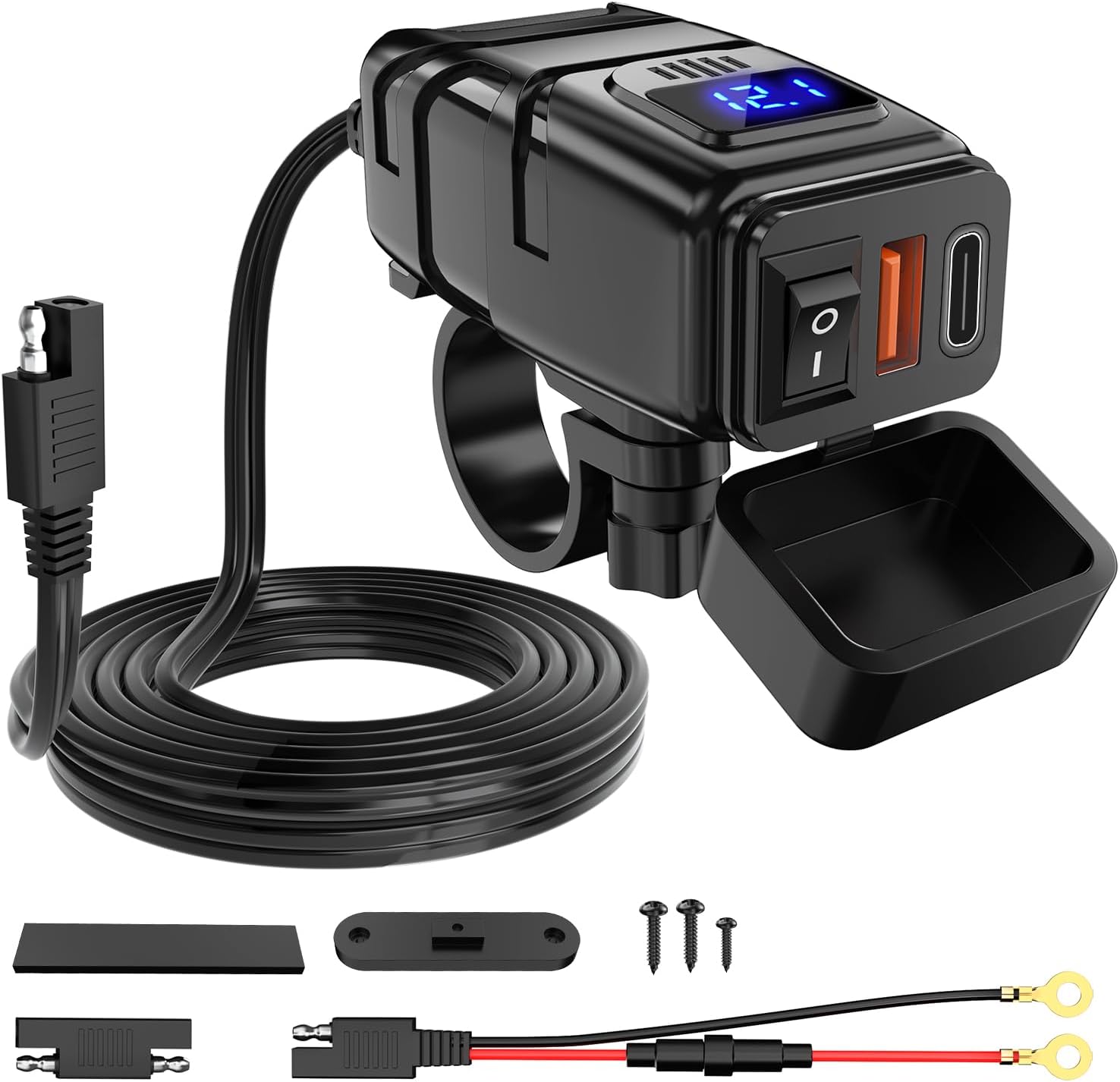 Waterproof Motorcycle USB-C Charger with Voltmeter & Switch