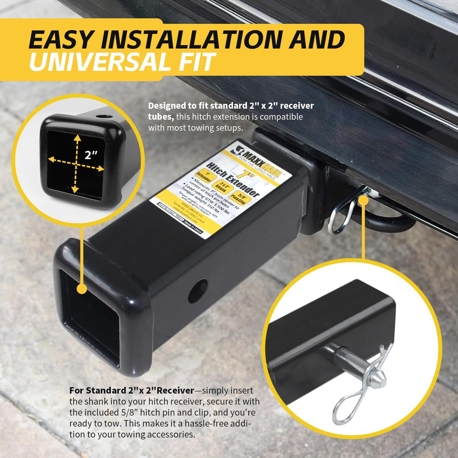 MaxxHaul 2" Trailer Hitch Receiver Extender – 7" Extension