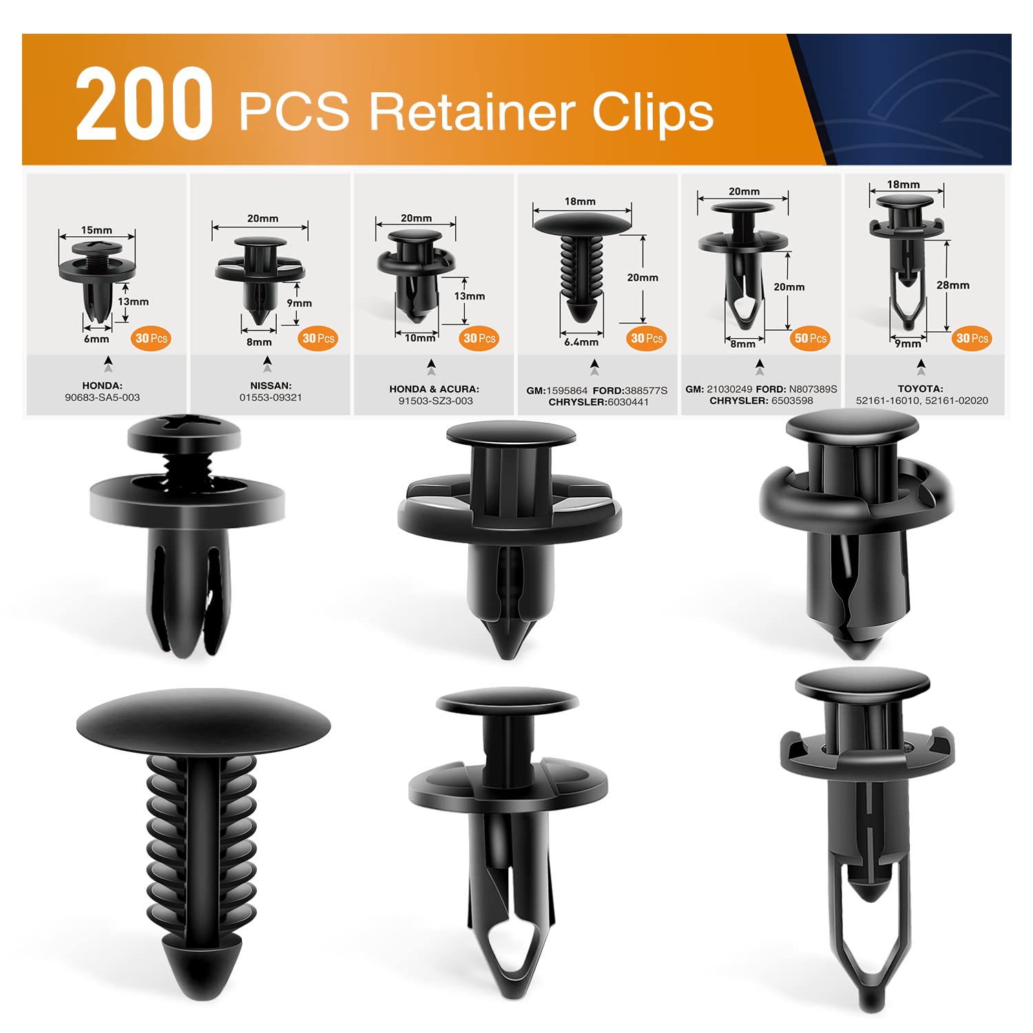 GOOACC GRC-47 Universal Fender Clips – 200-Piece Auto Retainer Kit