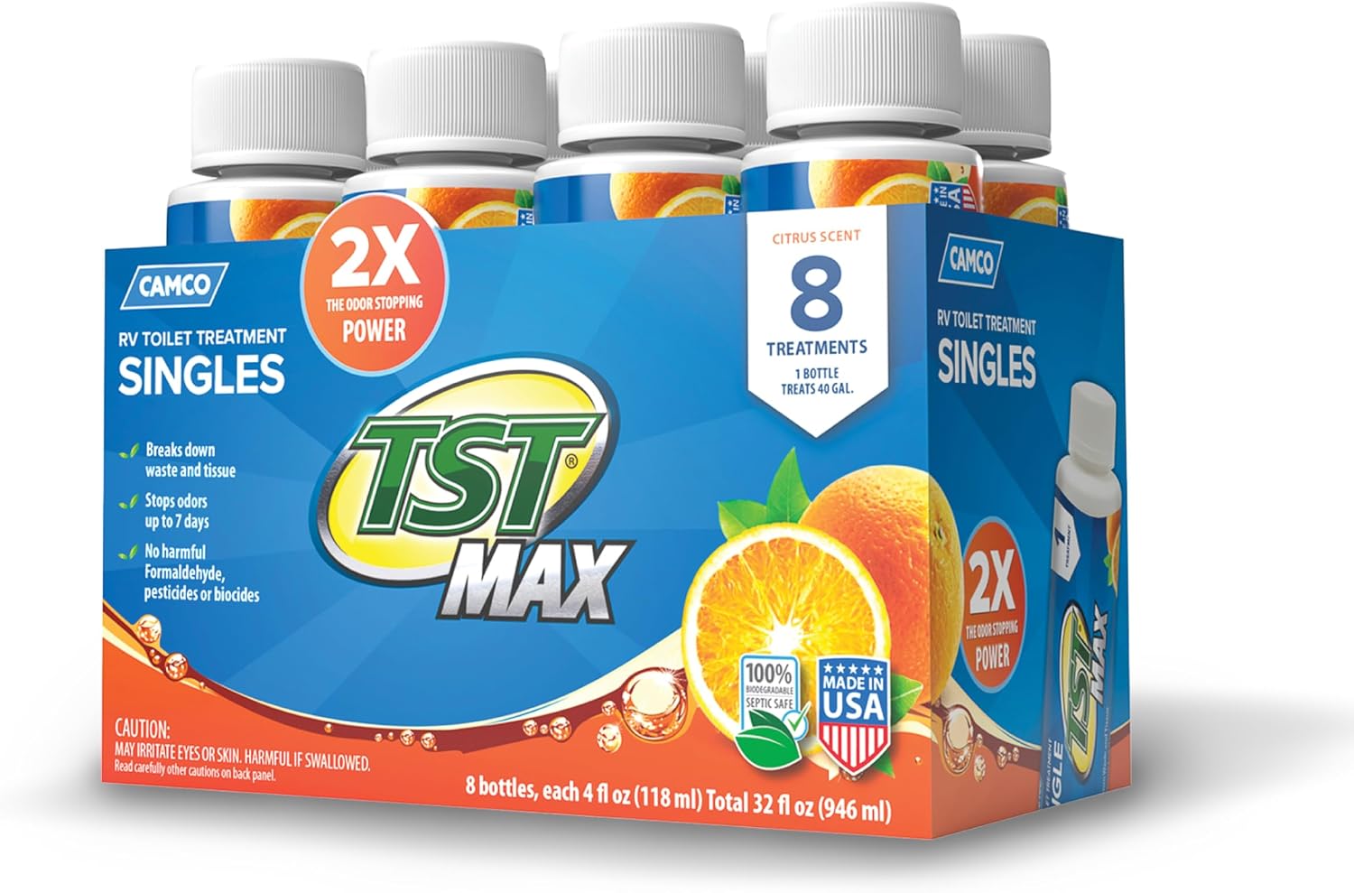 Camco TST MAX RV Toilet Treatment – 8 x 4 Oz Bottles, Orange