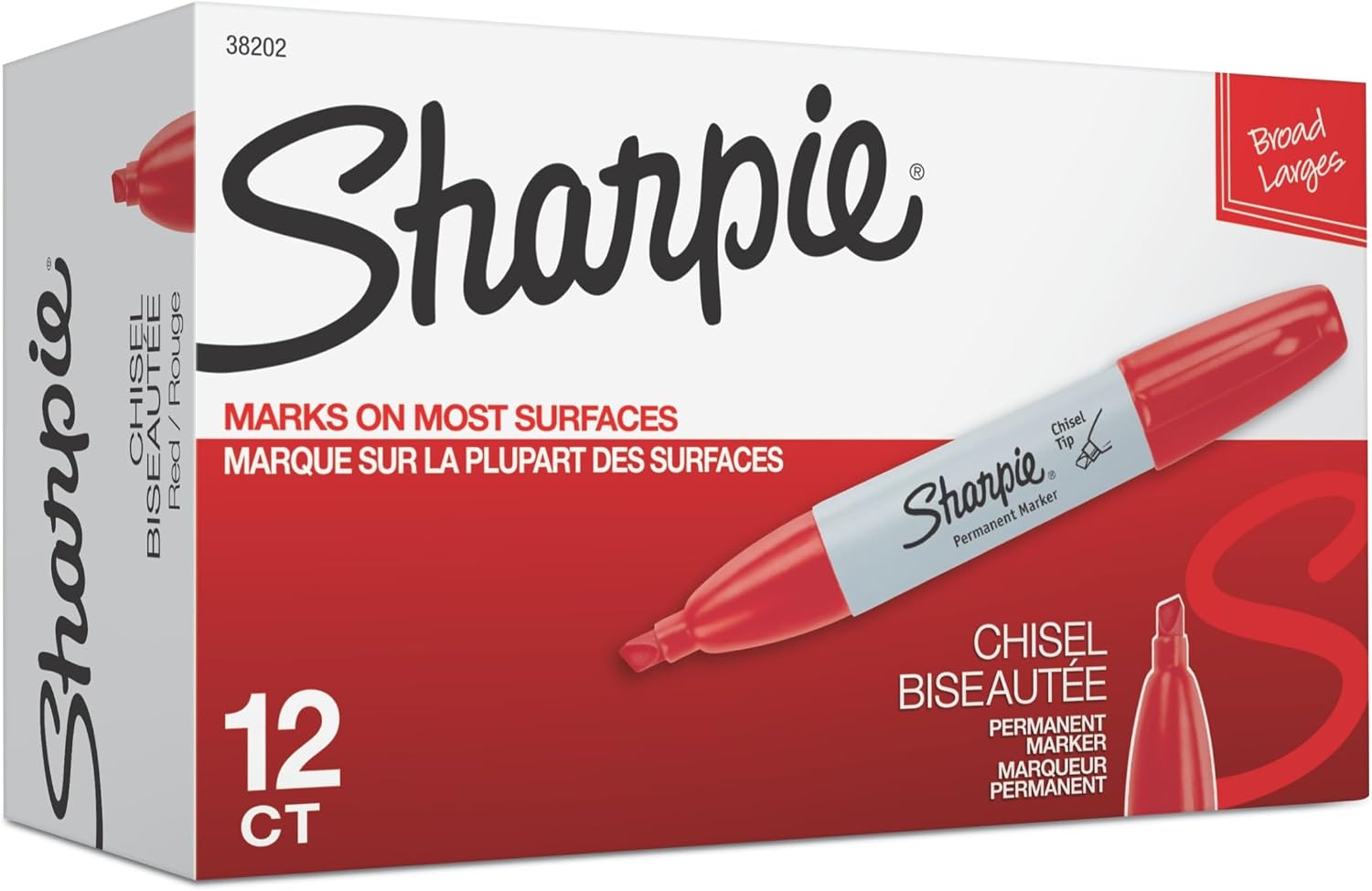 Sharpie Permanent Markers, Chisel Tip, Red, 12 Count
