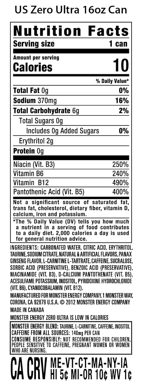 Monster Energy Zero Ultra Sugar-Free Energy Drink, 16 oz, 15-Pack