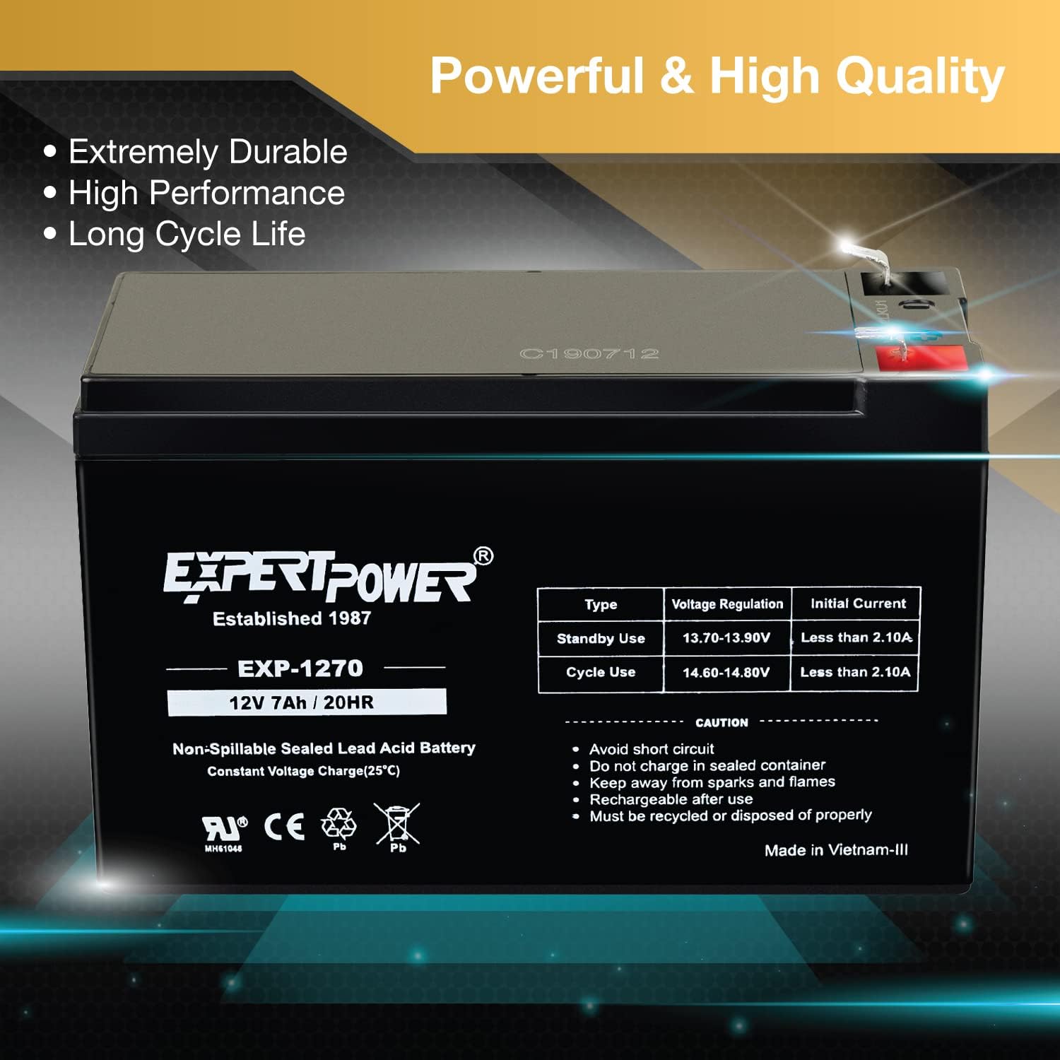 12V 7Ah Sealed Lead Acid Rechargeable Battery with F1 Terminals