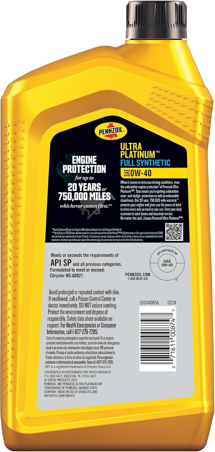 Pennzoil Ultra Platinum Full Synthetic 0W-40 Motor Oil – 6-Quart Pack