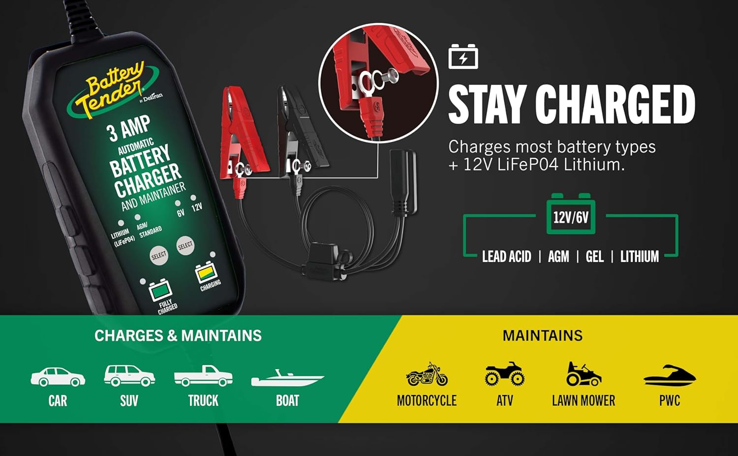 3-Amp 6V/12V Smart Battery Charger & Maintainer