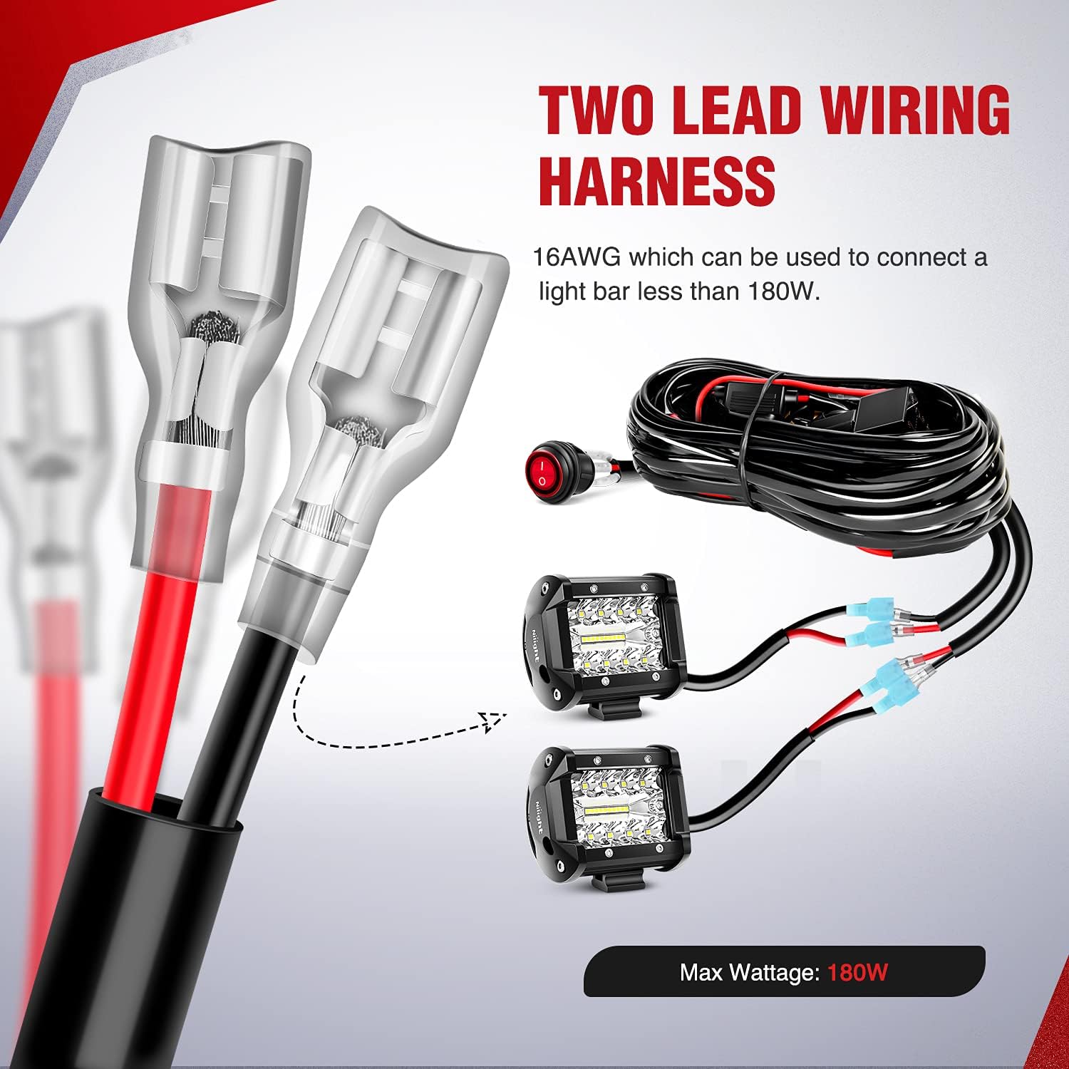 Nilight NI-WA-06 LED Light Bar Wiring Harness Kit – 12V, 2 Leads