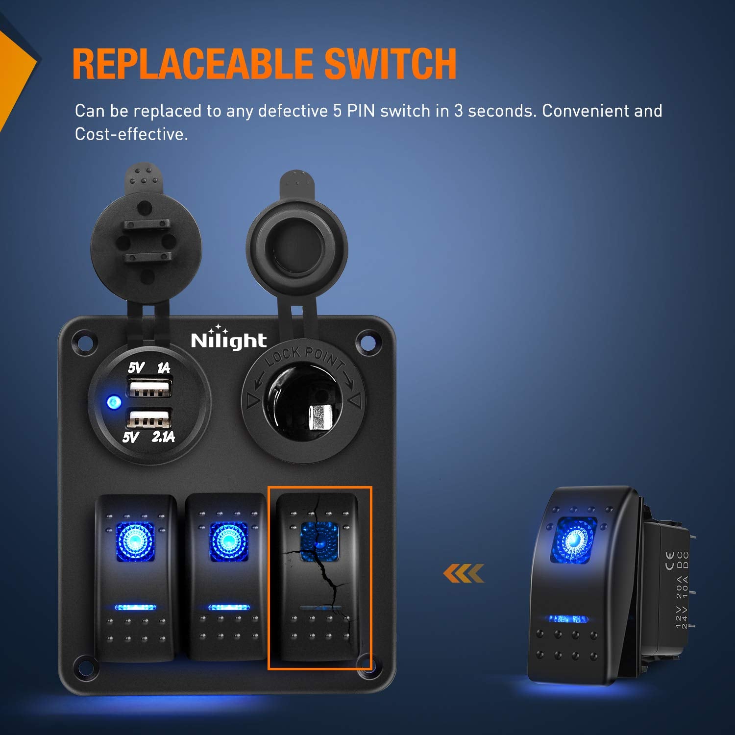 Nilight 5-Pin SPST Rocker Switch Set – Blue, 6-Pack (90131F)