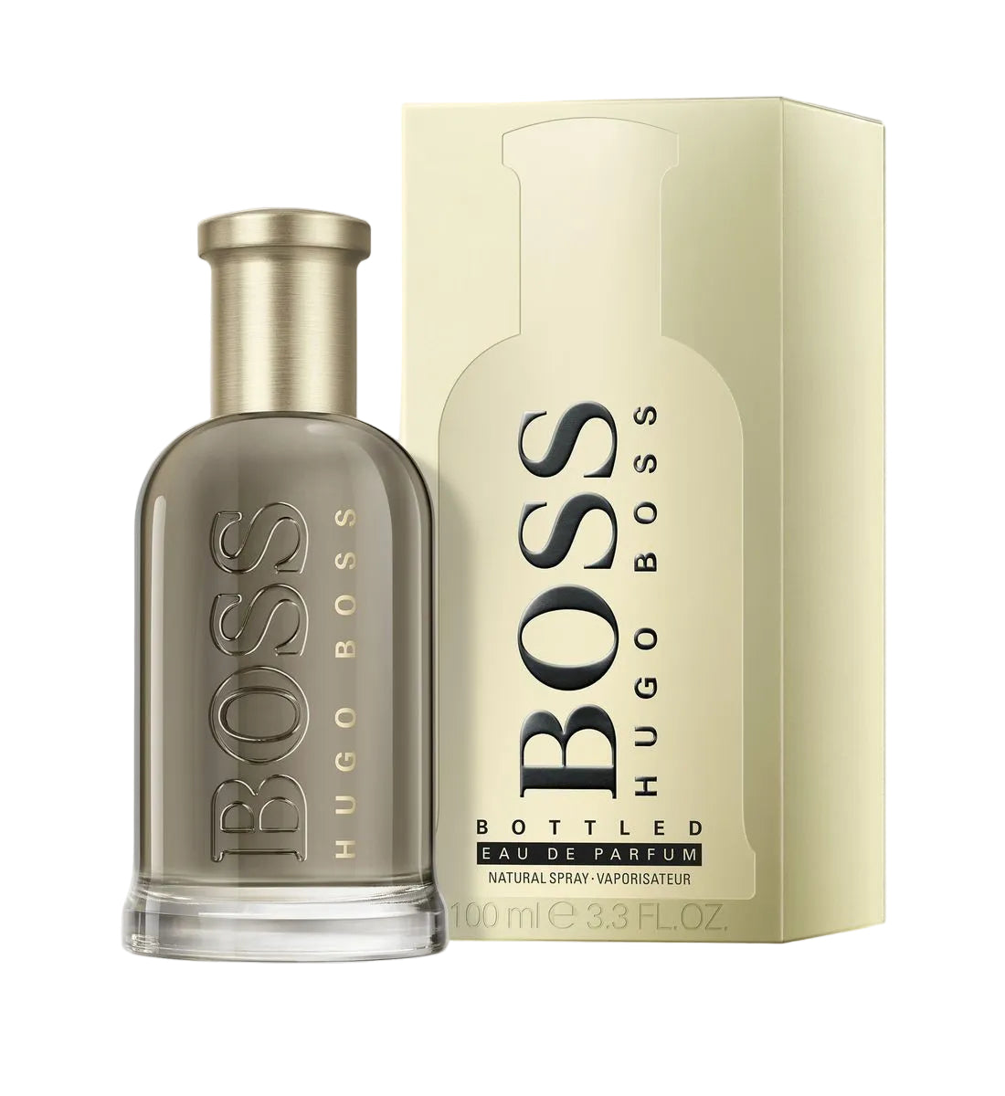 Hugo Boss Boss Bottled Eau de Parfum 100ml 3.3 oz grey bottle with gold cap and cream box