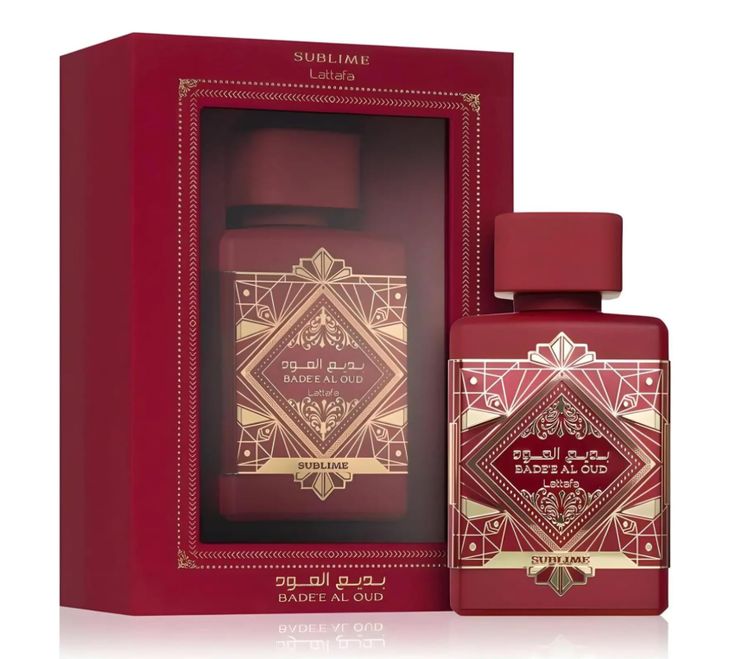 Lattafa Bade'e Al Oud Sublime Eau de Parfum 100ml 3.4 fl oz red bottle with gold detail - unisex apple and lychee perfume
