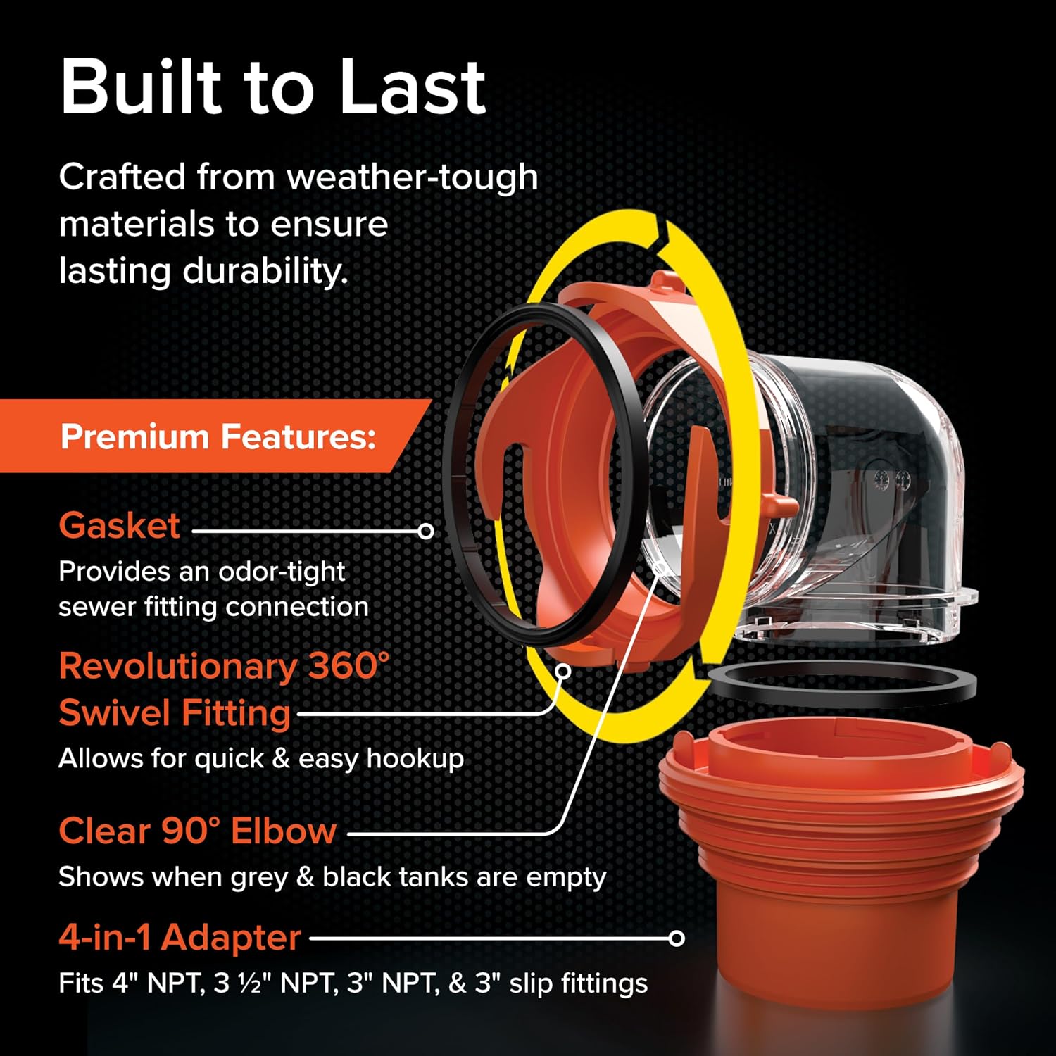Clear RV Sewer Hose Elbow with 4-in-1 Adapter