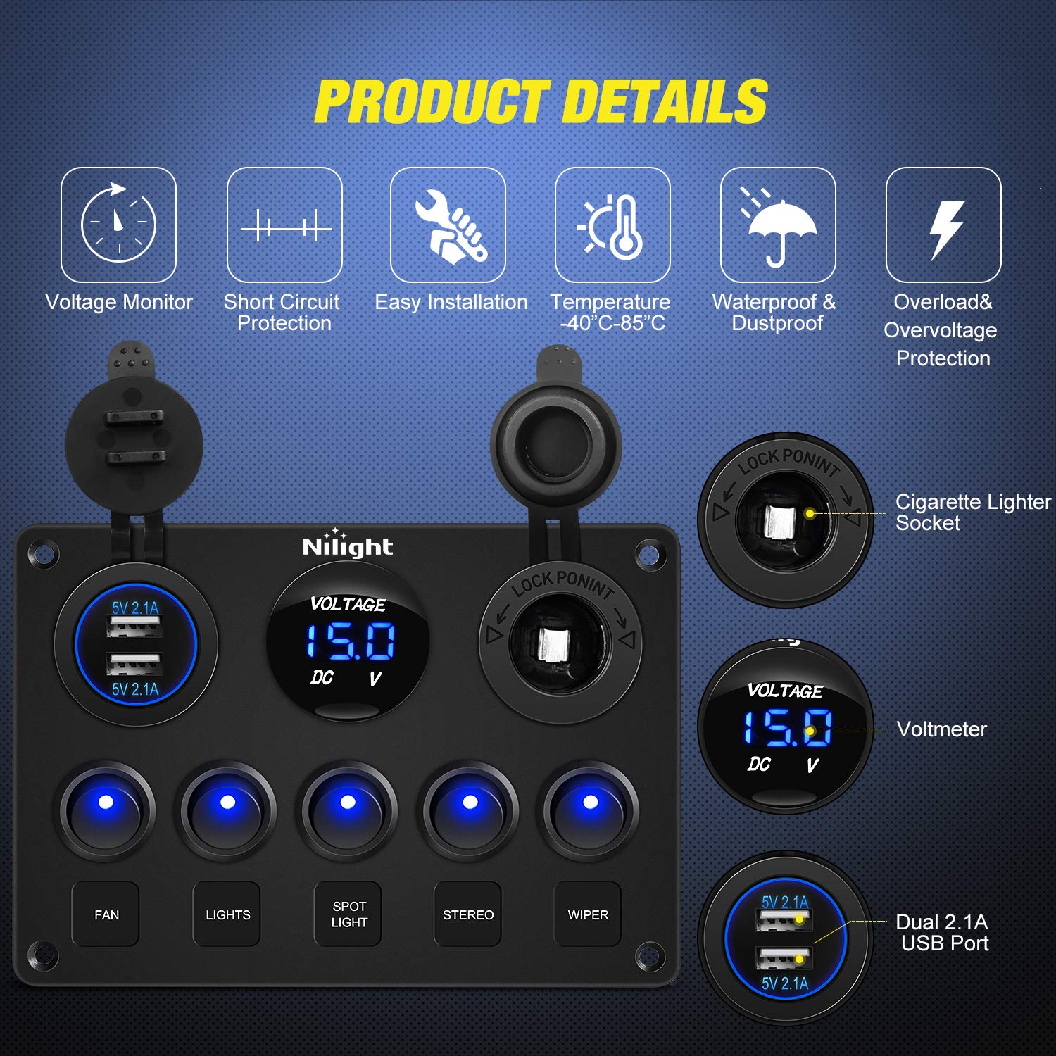 5-Gang Multi-Function Switch Panel with Dual USB Charger
