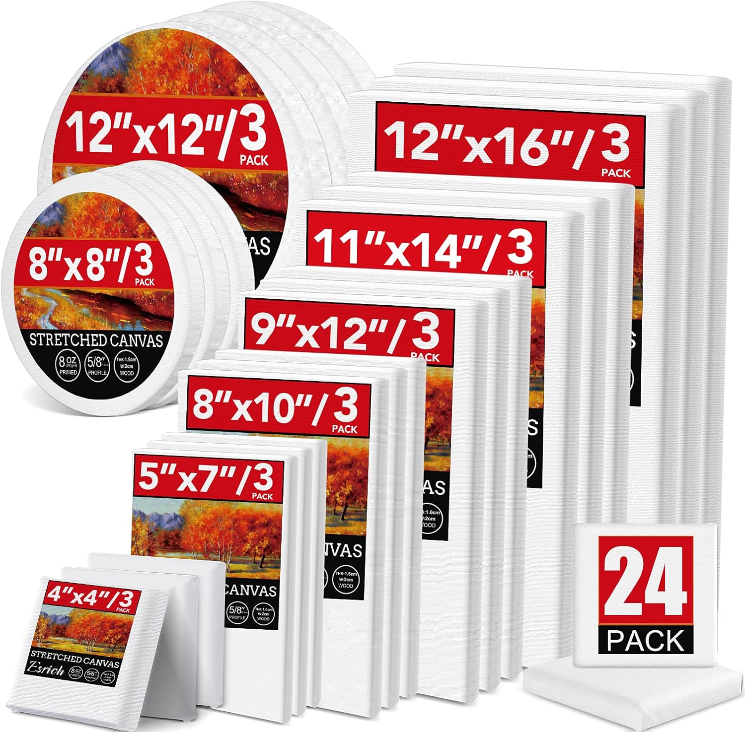 24-Piece Assorted Painting Canvas Set – Multiple Sizes & Shapes