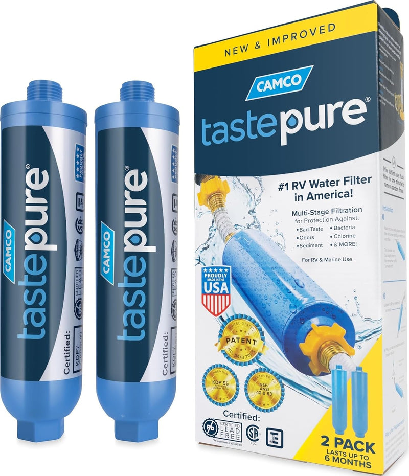 Camco TastePURE RV Water Filter – 2-Pack, 6-Step GAC & KDF Filtration