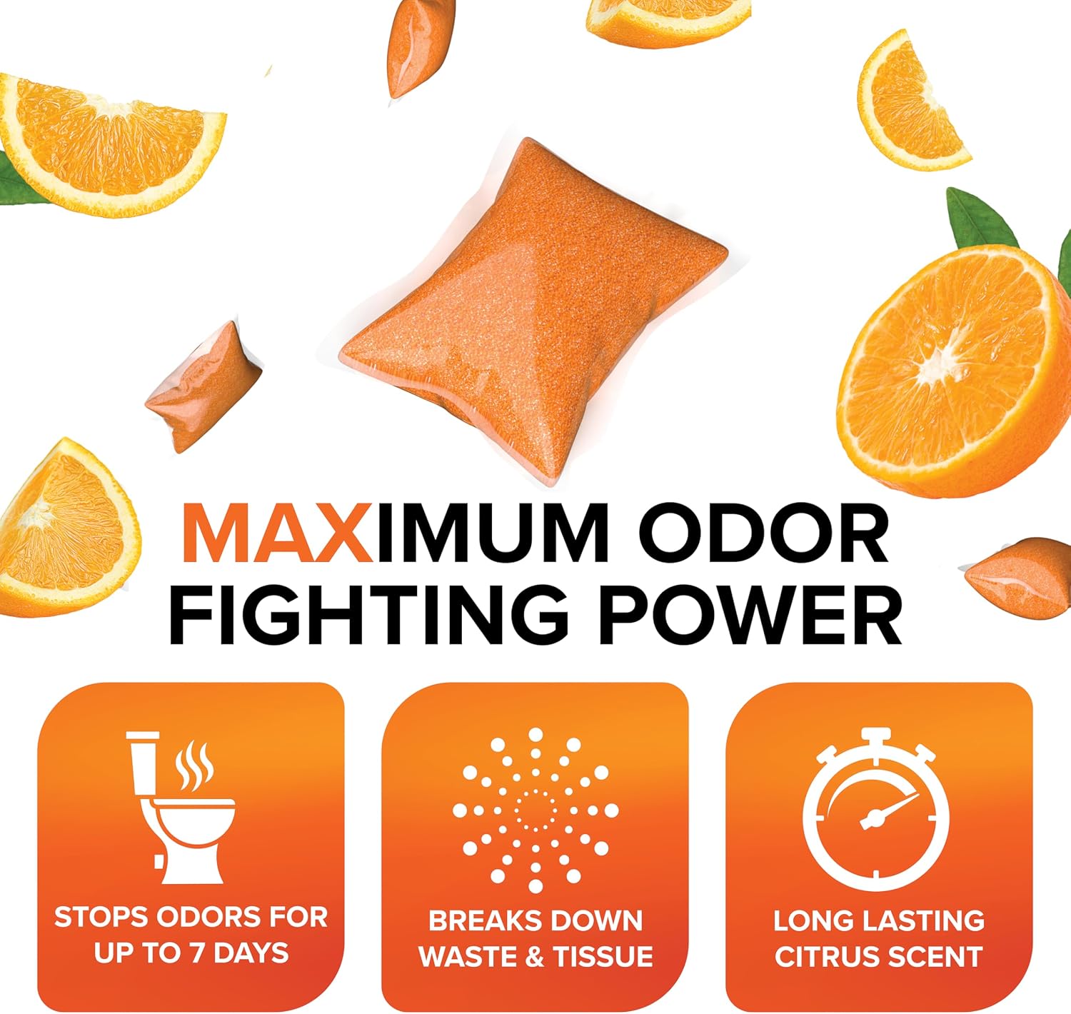 Camco TST MAX RV Toilet Treatment Drop-Ins – Orange Scent, 15-Pack