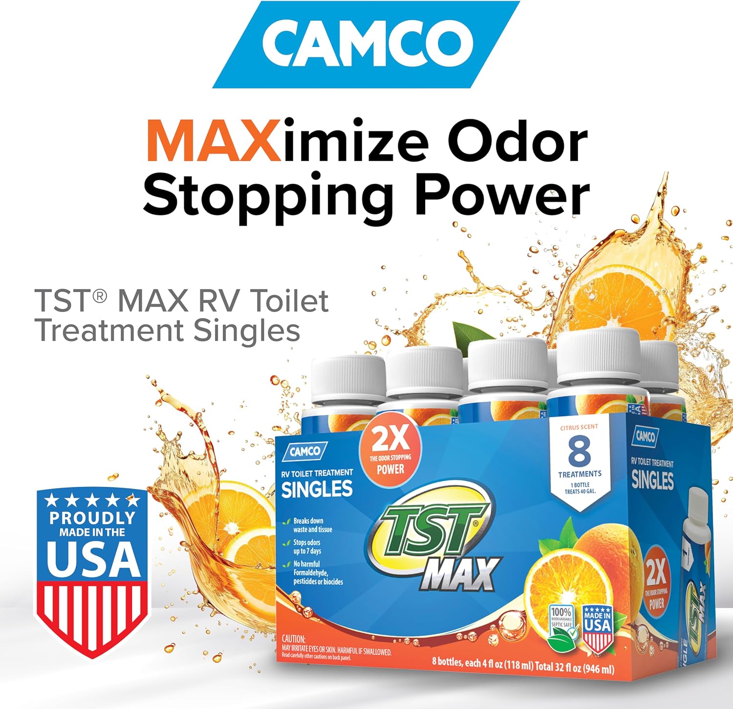 Camco TST MAX RV Toilet Treatment – 8 x 4 Oz Bottles, Orange