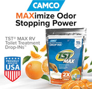 Camco TST MAX RV Toilet Treatment Drop-Ins – Orange Scent, 15-Pack