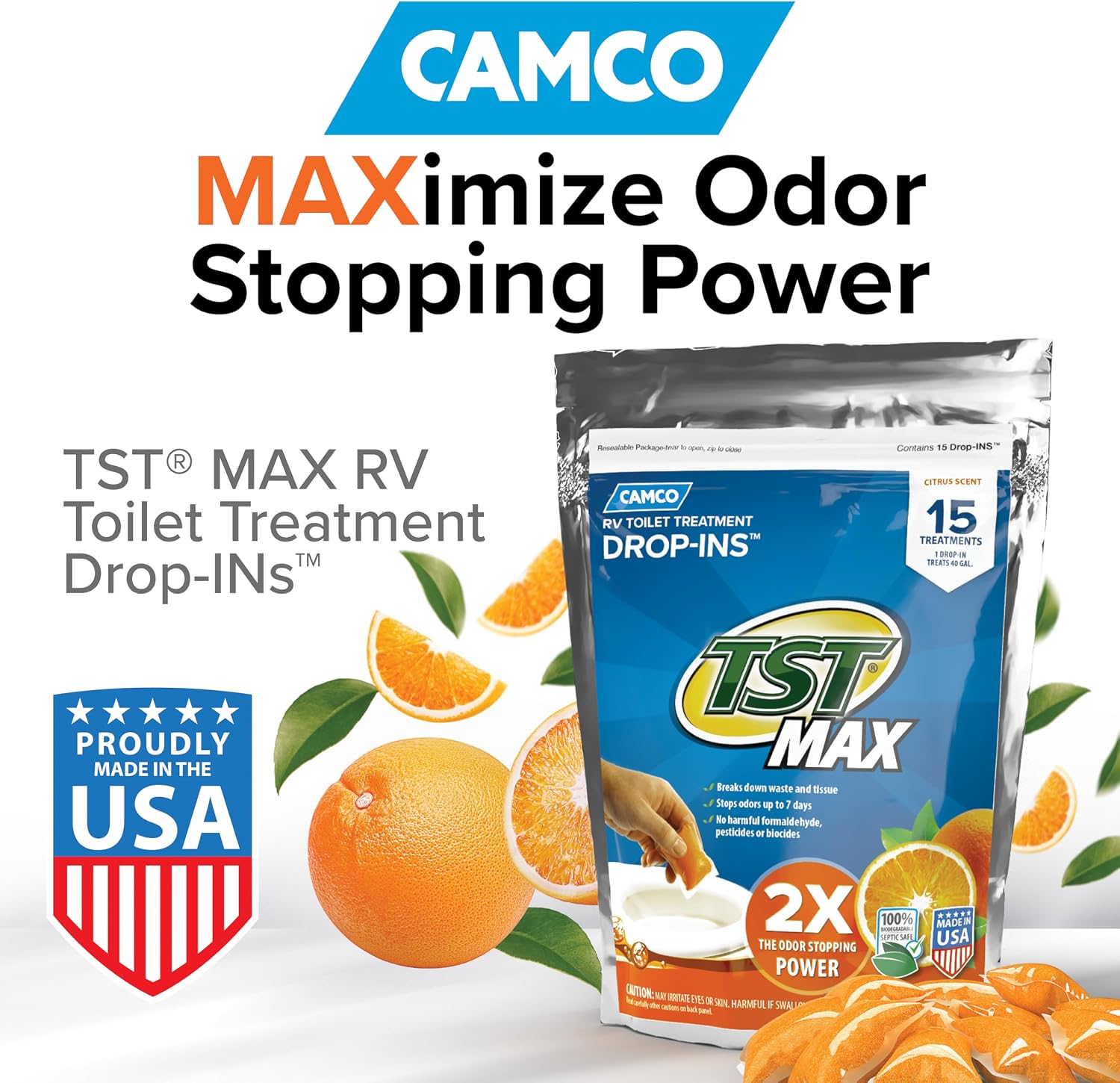 Camco TST MAX RV Toilet Treatment Drop-Ins – Orange Scent, 15-Pack