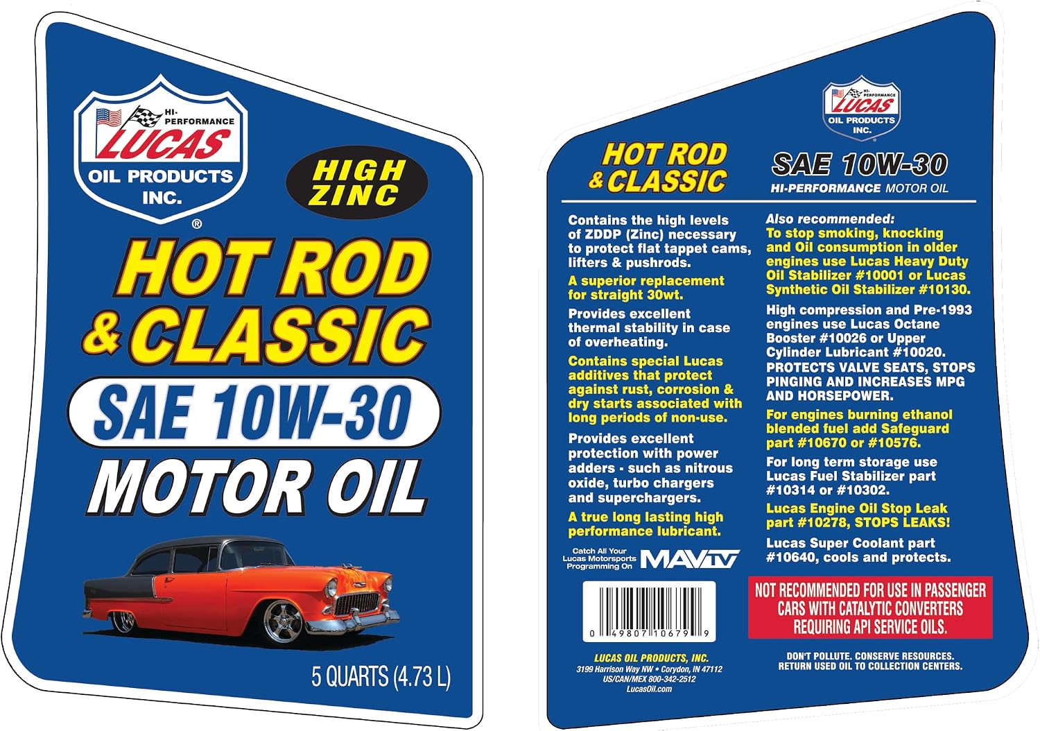 SAE 10W-30 Hot Rod & Classic Car Motor Oil – 5 Quarts