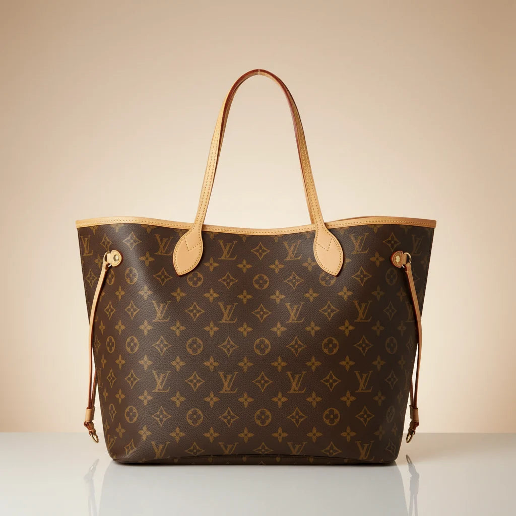 Louis Vuitton Neverfull MM tote in Monogram coated canvas with leather trim, front view