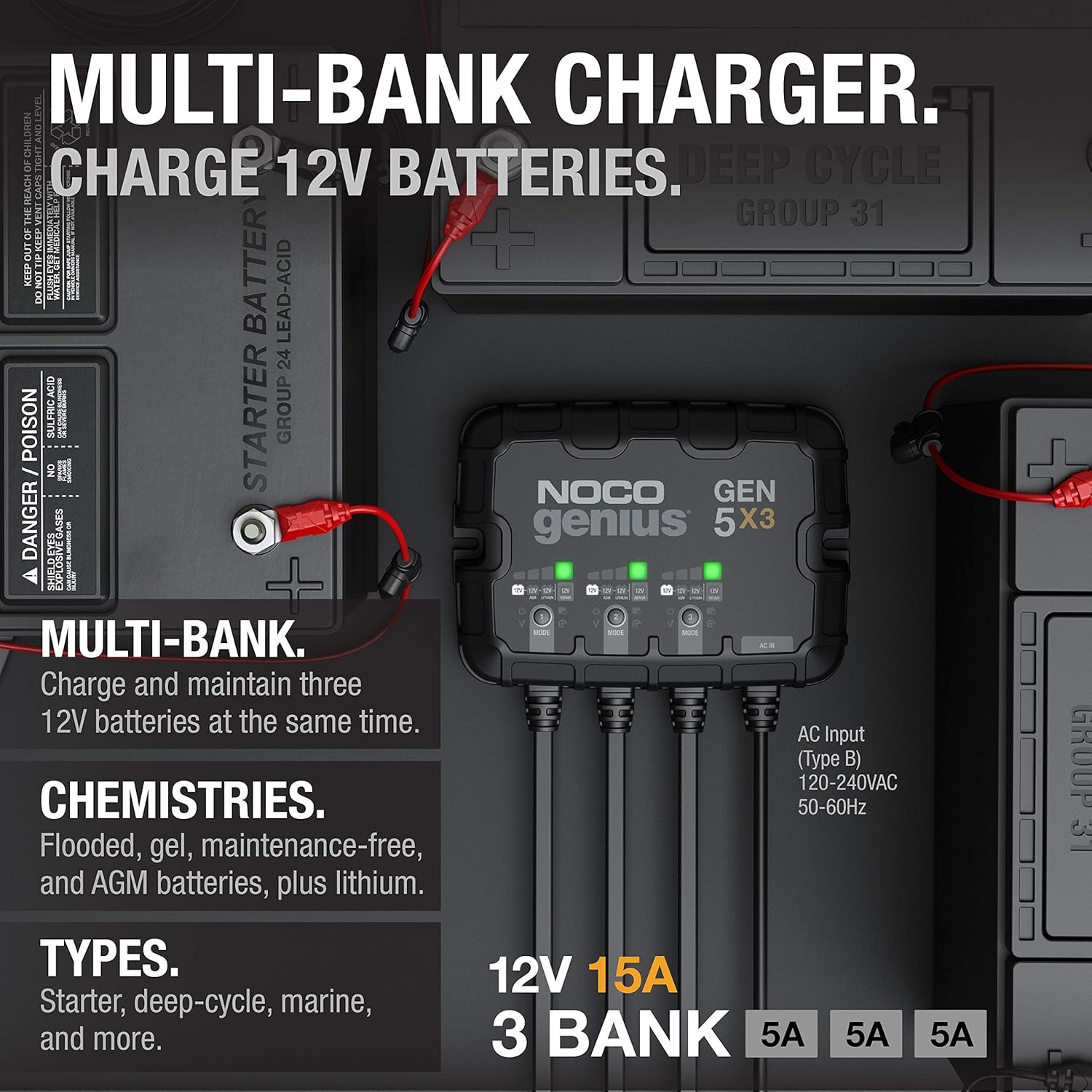 3-Bank 15A Onboard Marine Battery Charger