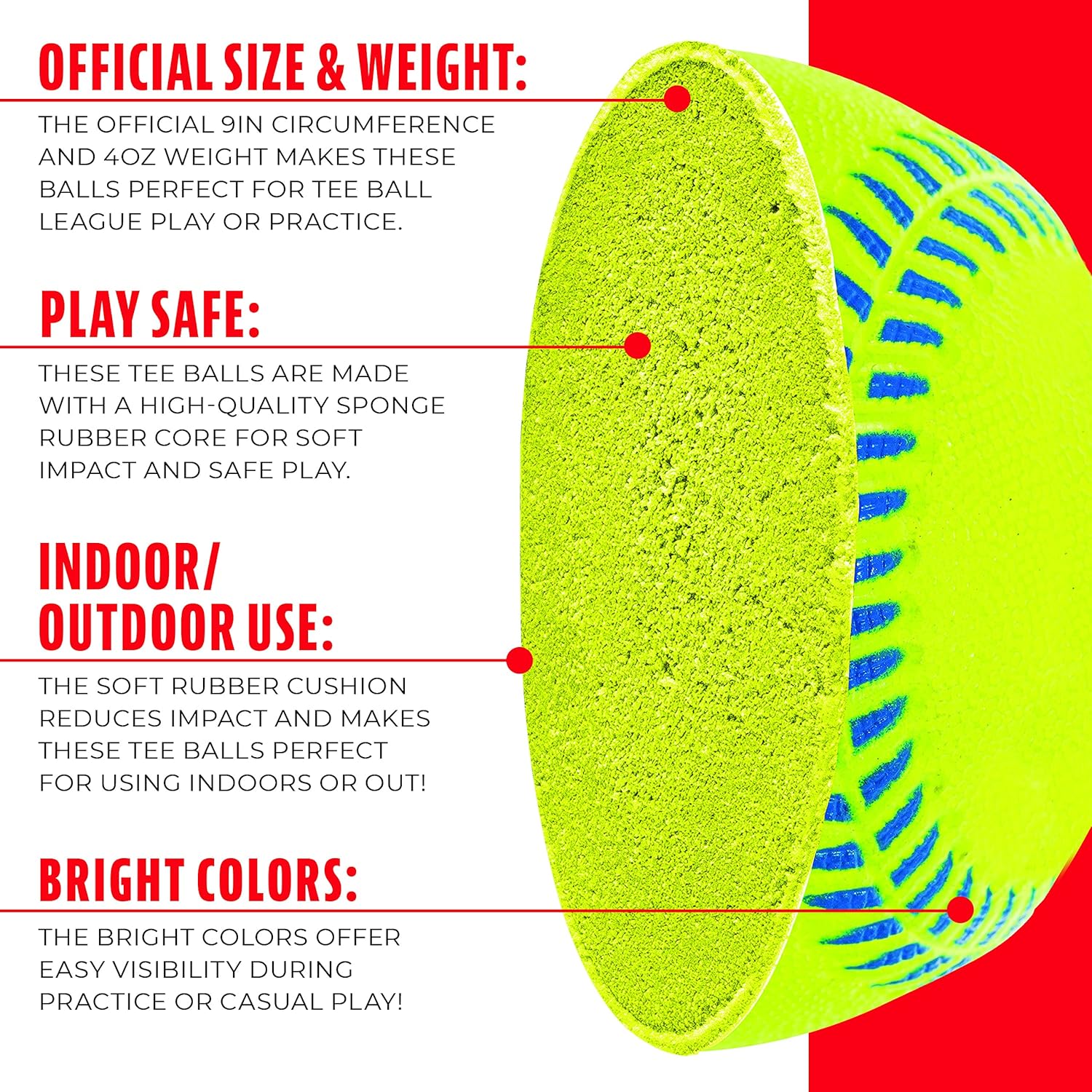 Neon Rubber Teeball for Youth Baseball & Softball