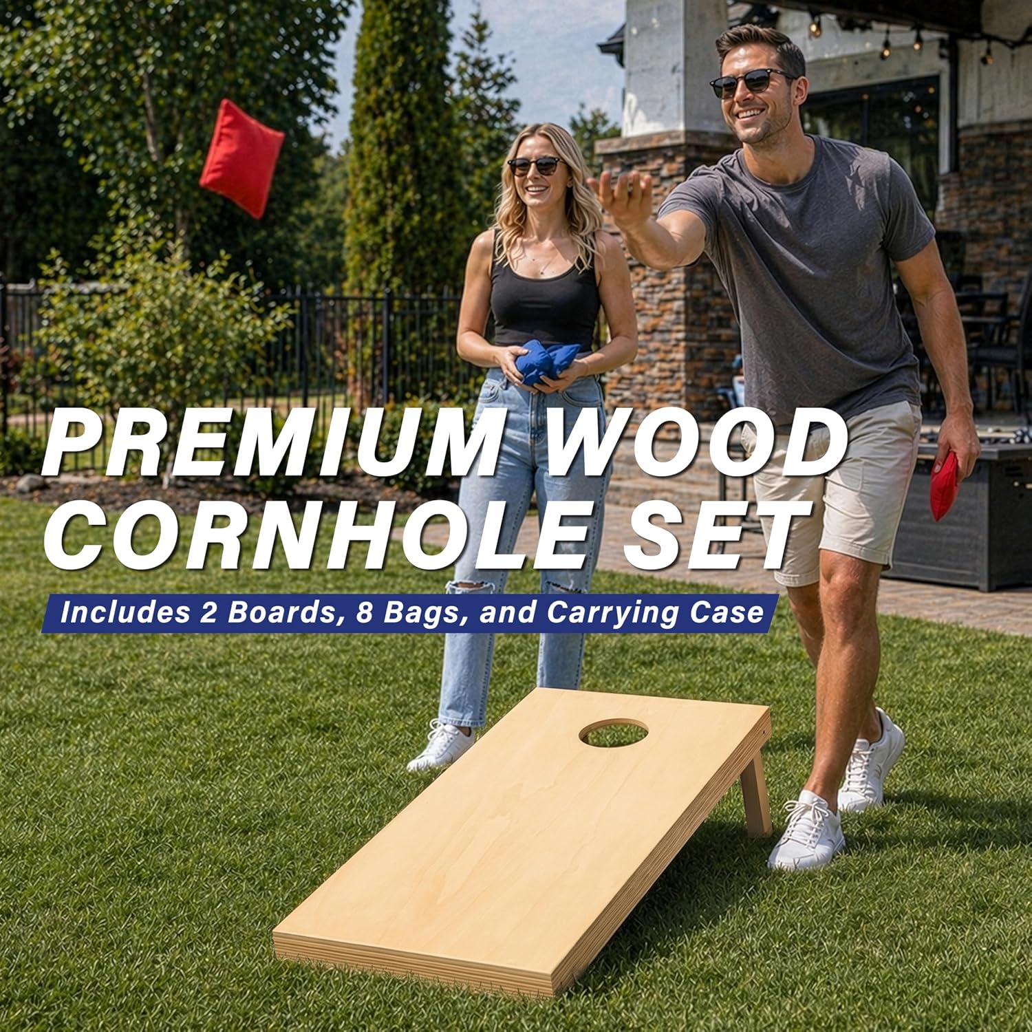 Solid Wood Cornhole Game Set with 8 Toss Bags