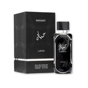 Lattafa Hayaati Eau de Parfum 100ml 3.4 oz black perfume bottle with silver accents and black box