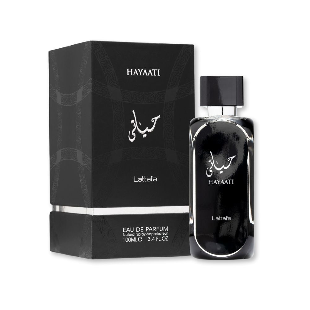 Lattafa Hayaati Eau de Parfum 100ml 3.4 oz black perfume bottle with silver accents and black box
