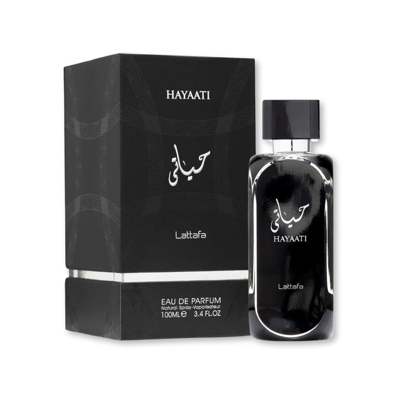 Lattafa Hayaati Eau de Parfum 100ml 3.4 oz black perfume bottle with silver accents and black box