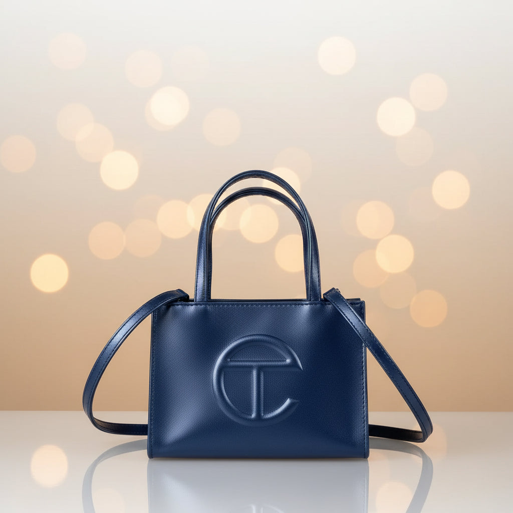 Telfar Small Shopping Bag in cobalt blue vegan leather with embossed logo, front view