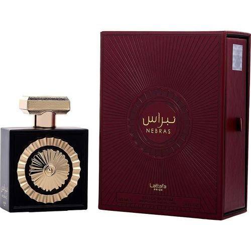 Lattafa Pride Nebras Eau de Parfum 100ml 3.4 oz black bottle with gold medallion beside maroon gift box