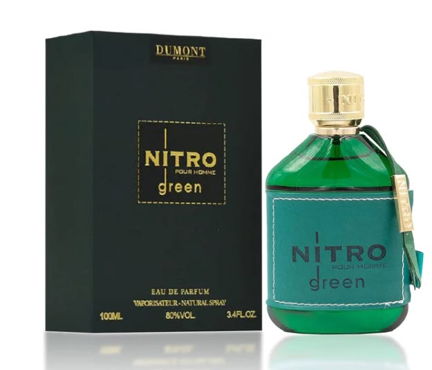 Dumont Nitro Green Pour Homme Eau de Parfum 100ml 3.4 oz green perfume bottle with gold cap and dark green box