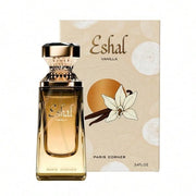 Paris Corner Eshal Vanilla Eau de Parfum 100ml 3.4 oz amber gradient perfume bottle with gold cap and vanilla flower box