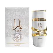 Lattafa Yara Moi Eau de Parfum 100ml 3.4 fl oz white and gold bottle with box - jasmine and caramel perfume for women