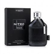 Dumont Nitro Black Pour Homme Eau de Parfum 100ml 3.4 oz black perfume bottle with silver cap and black box